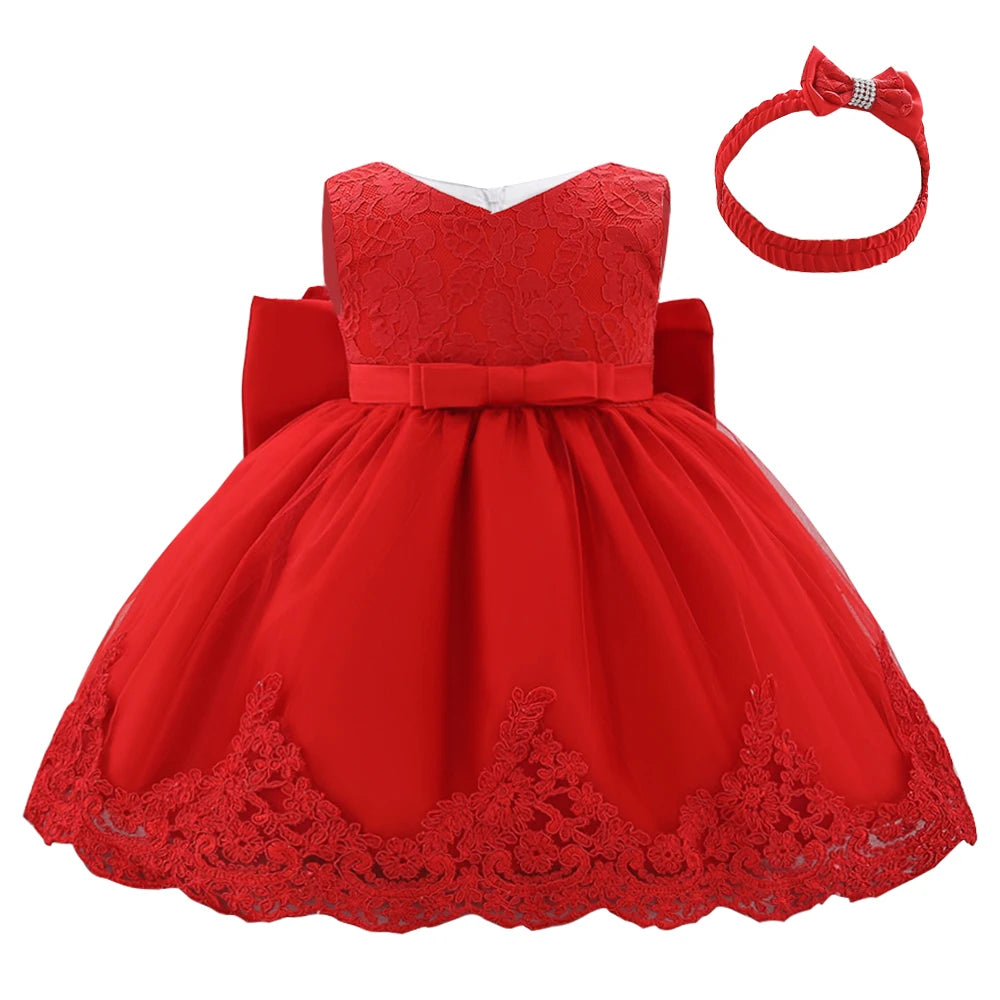 Newborn White Baptism Dress For Girls Infant Baby 1 Year Birthday Wedding Party Dresses Big Bow Lace Baby Girl Summer Clothes