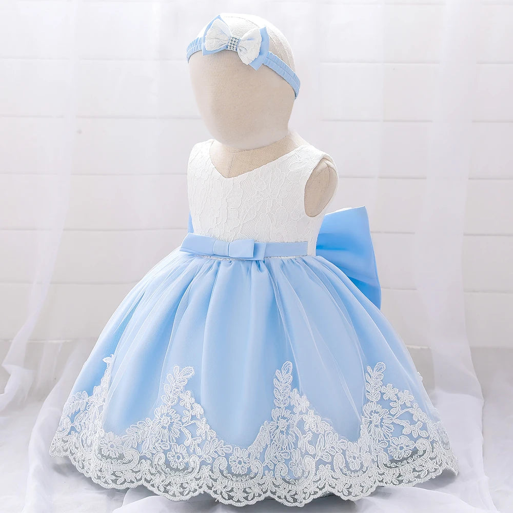 Newborn White Baptism Dress For Girls Infant Baby 1 Year Birthday Wedding Party Dresses Big Bow Lace Baby Girl Summer Clothes