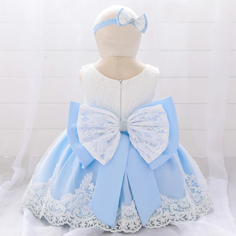 Newborn White Baptism Dress For Girls Infant Baby 1 Year Birthday Wedding Party Dresses Big Bow Lace Baby Girl Summer Clothes
