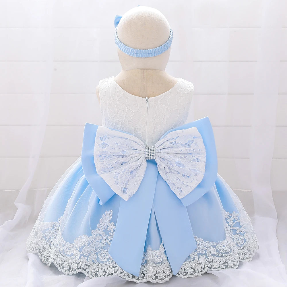 Newborn White Baptism Dress For Girls Infant Baby 1 Year Birthday Wedding Party Dresses Big Bow Lace Baby Girl Summer Clothes