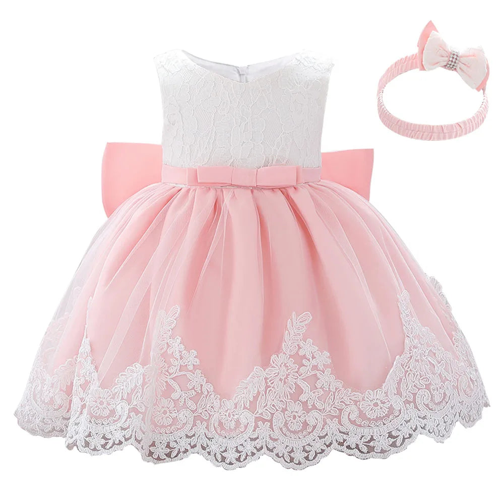 Newborn White Baptism Dress For Girls Infant Baby 1 Year Birthday Wedding Party Dresses Big Bow Lace Baby Girl Summer Clothes