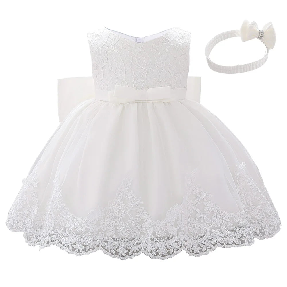 Newborn White Baptism Dress For Girls Infant Baby 1 Year Birthday Wedding Party Dresses Big Bow Lace Baby Girl Summer Clothes