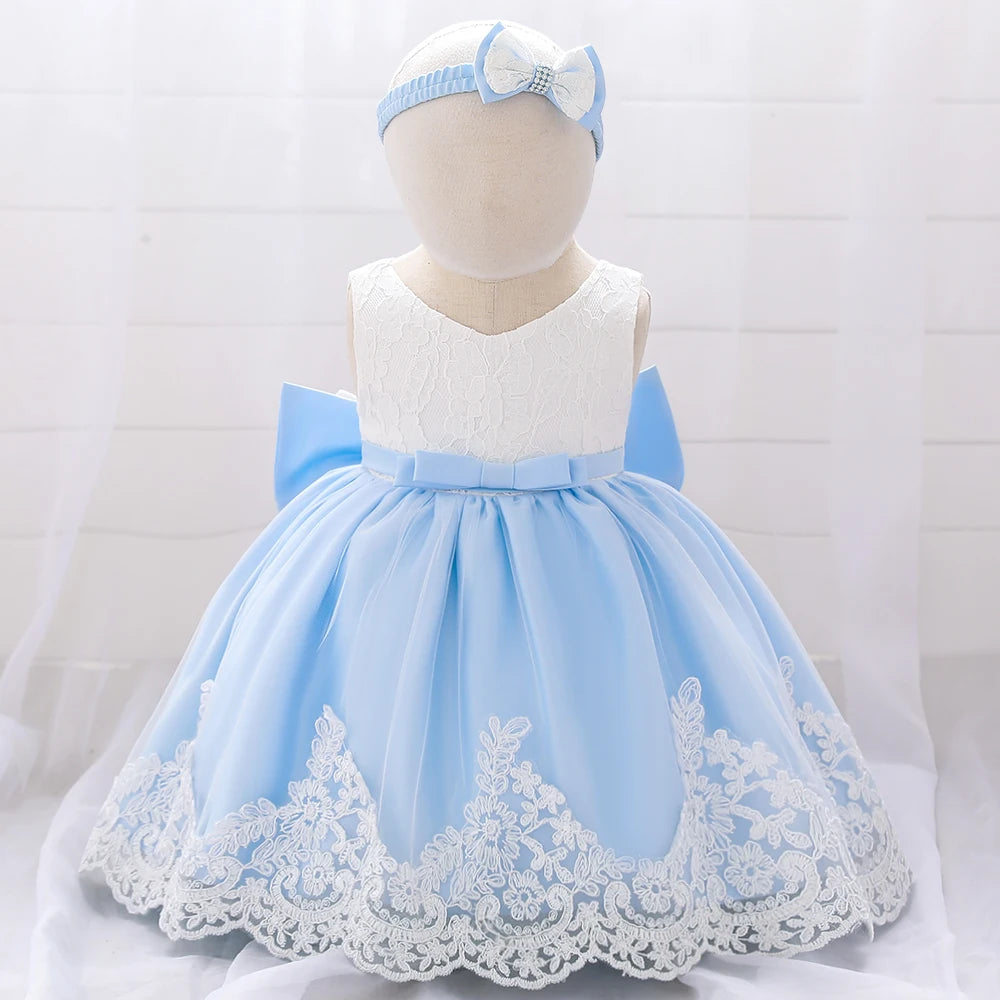 Newborn White Baptism Dress For Girls Infant Baby 1 Year Birthday Wedding Party Dresses Big Bow Lace Baby Girl Summer Clothes