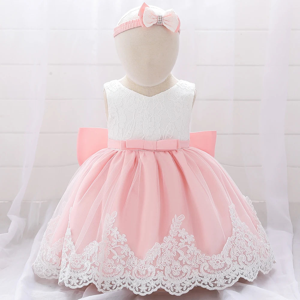 Newborn White Baptism Dress For Girls Infant Baby 1 Year Birthday Wedding Party Dresses Big Bow Lace Baby Girl Summer Clothes