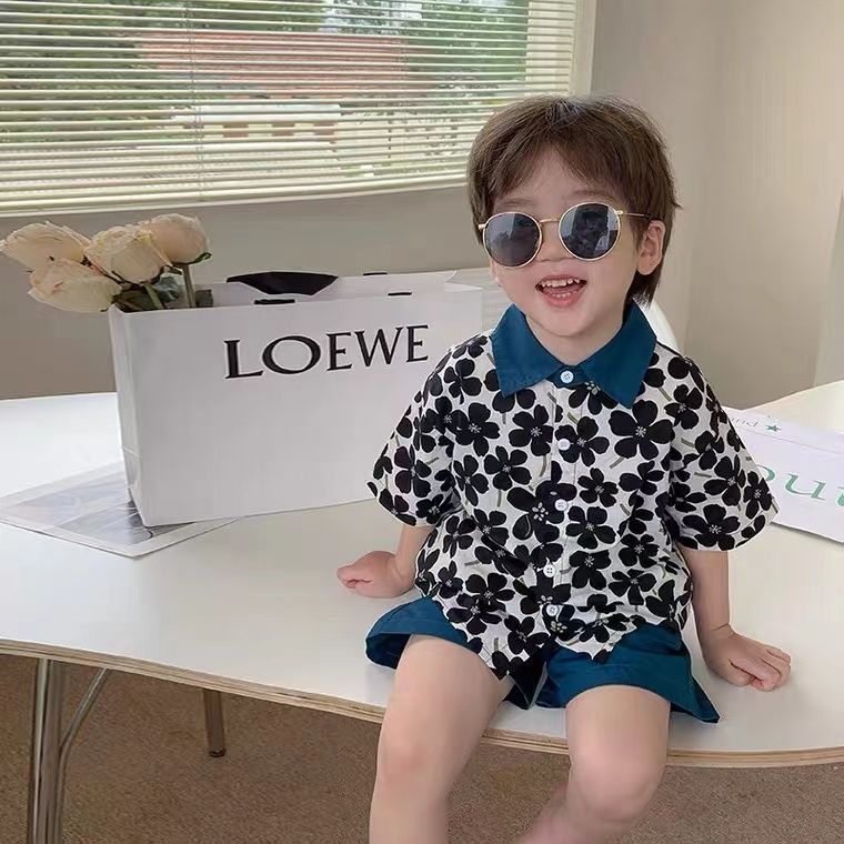 Children Clothing 2025 New Fashionable Flower Suit Baby Short Sleeve Shirt Shorts Handsome Retro Casual Shorts Two Piece Set