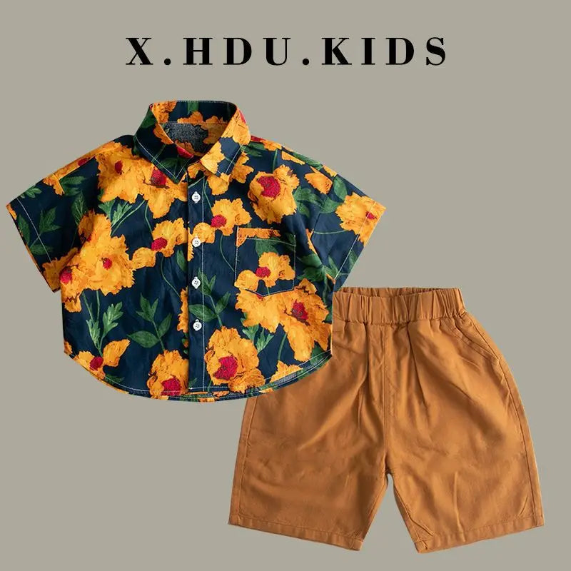 Children Clothing 2025 New Fashionable Flower Suit Baby Short Sleeve Shirt Shorts Handsome Retro Casual Shorts Two Piece Set