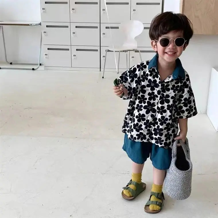 Children Clothing 2025 New Fashionable Flower Suit Baby Short Sleeve Shirt Shorts Handsome Retro Casual Shorts Two Piece Set