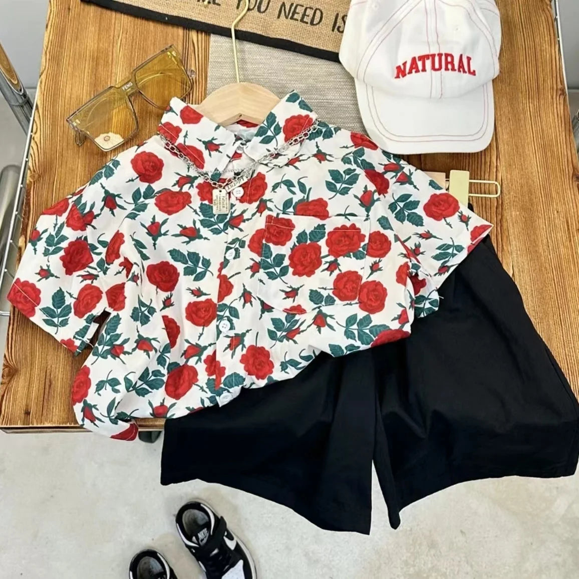 Children Clothing 2025 New Fashionable Flower Suit Baby Short Sleeve Shirt Shorts Handsome Retro Casual Shorts Two Piece Set