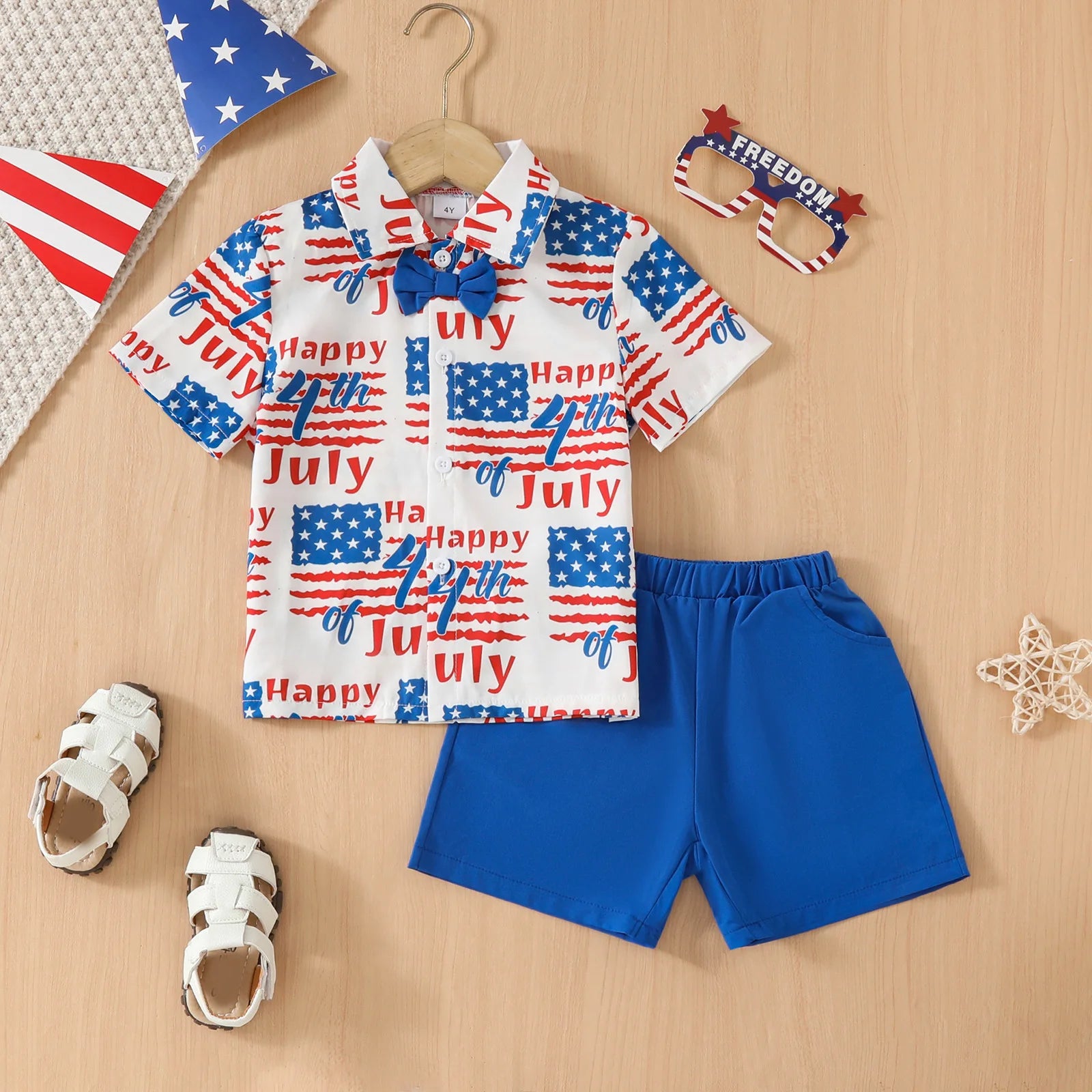 Children Boys' Fashion Independence Day Print T-Shirt & Shorts Set, Stylish 2-Piece Outfit