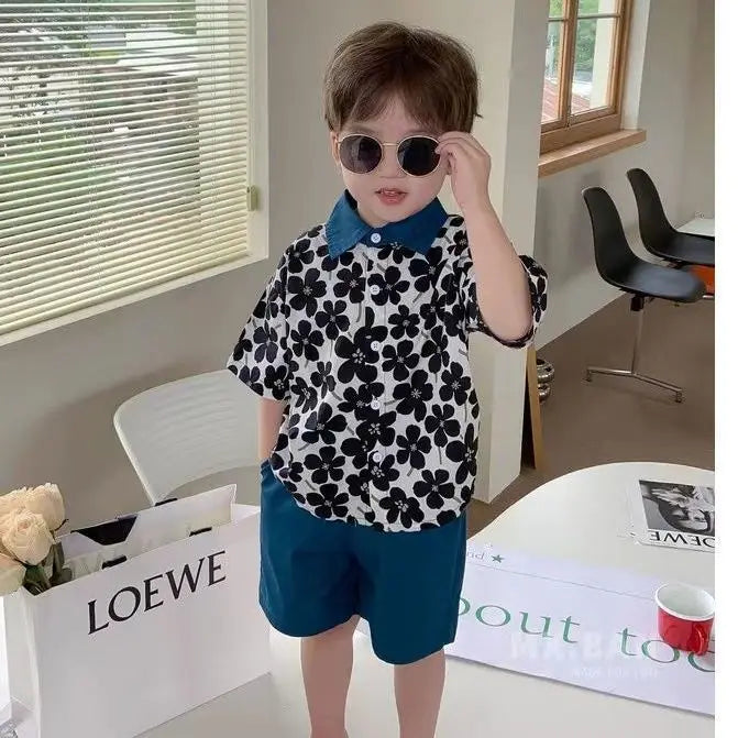Children Clothing 2025 New Fashionable Flower Suit Baby Short Sleeve Shirt Shorts Handsome Retro Casual Shorts Two Piece Set