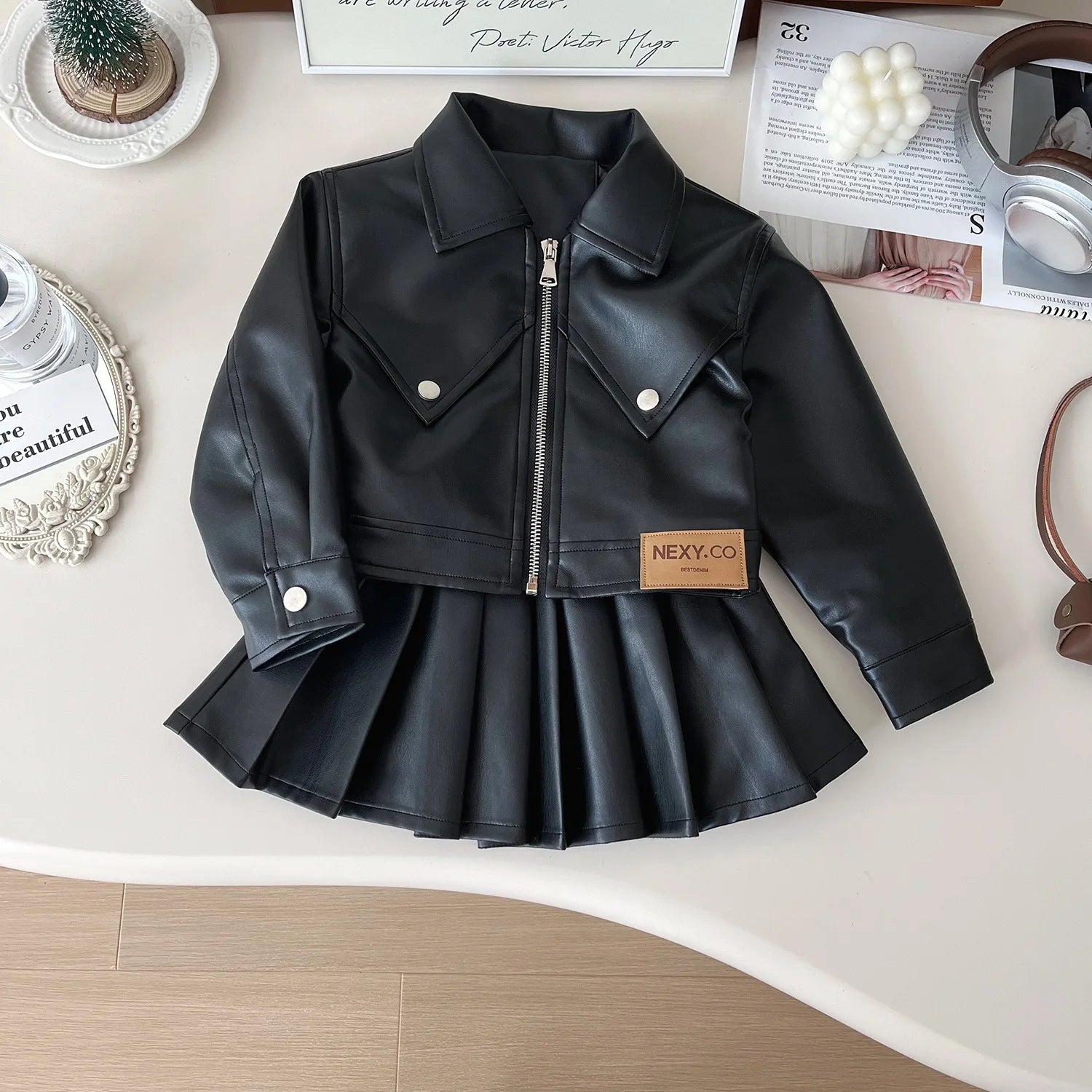 Childrens Clothing Set 2024 Autumn New Girls Leather Jacket Short Skirt Fashion Temperament Two-piece Set