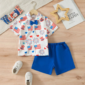 Children Boys' Fashion Independence Day Print T-Shirt & Shorts Set, Stylish 2-Piece Outfit