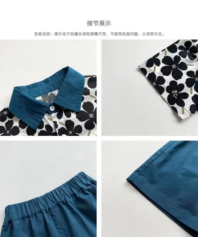 Children Clothing 2025 New Fashionable Flower Suit Baby Short Sleeve Shirt Shorts Handsome Retro Casual Shorts Two Piece Set
