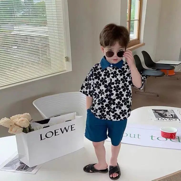 Children Clothing 2025 New Fashionable Flower Suit Baby Short Sleeve Shirt Shorts Handsome Retro Casual Shorts Two Piece Set