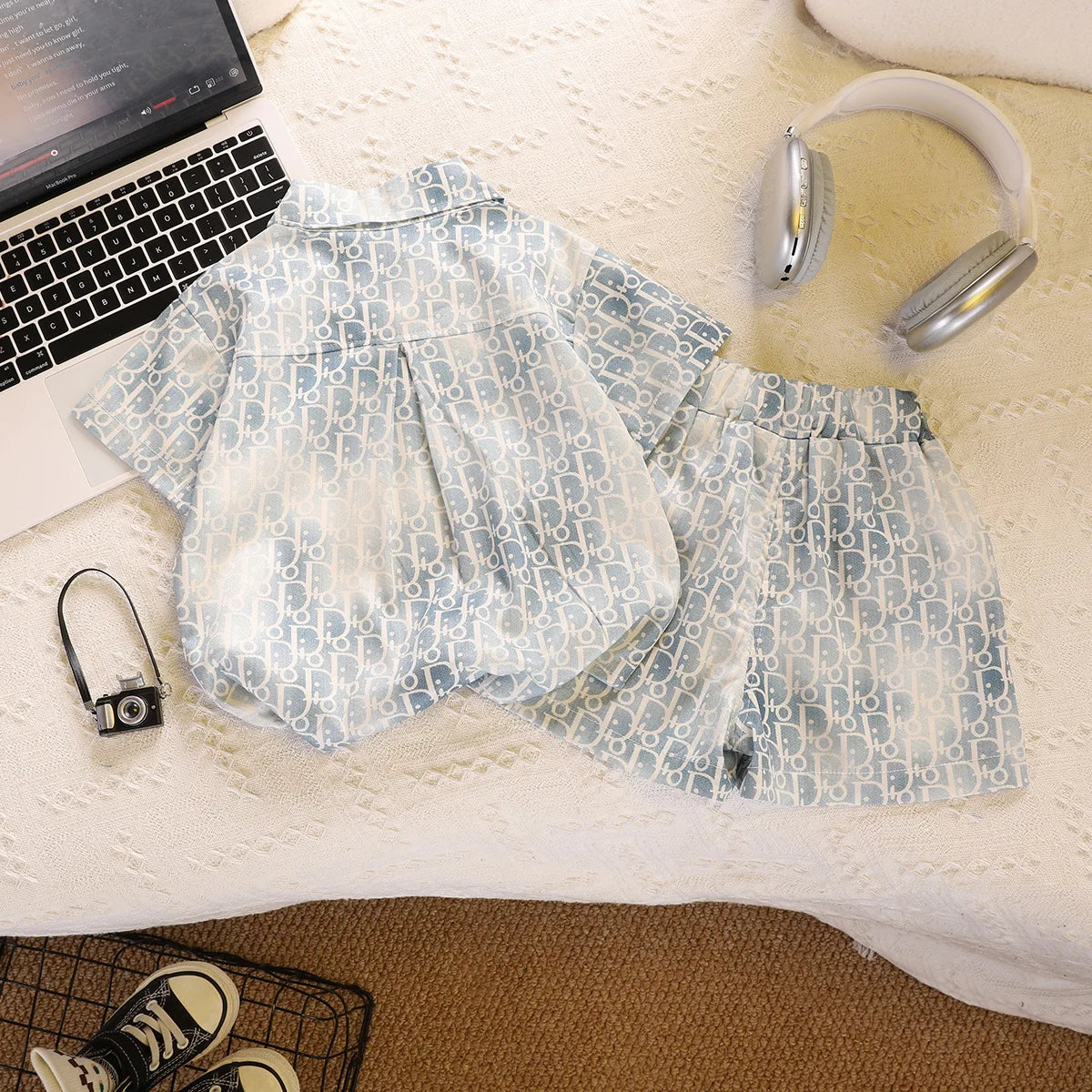 Kid Fashion Boy Outfit Two Piece Set Light Blue Short Sleeve Top Shirt Plain Shorts Children Clothing