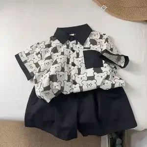 Children Clothing 2025 New Fashionable Flower Suit Baby Short Sleeve Shirt Shorts Handsome Retro Casual Shorts Two Piece Set