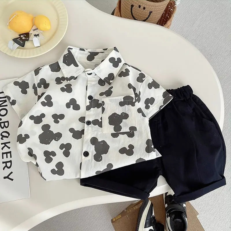 Children Clothing 2025 New Fashionable Flower Suit Baby Short Sleeve Shirt Shorts Handsome Retro Casual Shorts Two Piece Set
