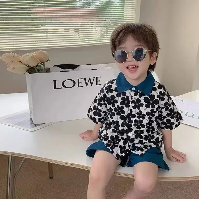 Children Clothing 2025 New Fashionable Flower Suit Baby Short Sleeve Shirt Shorts Handsome Retro Casual Shorts Two Piece Set