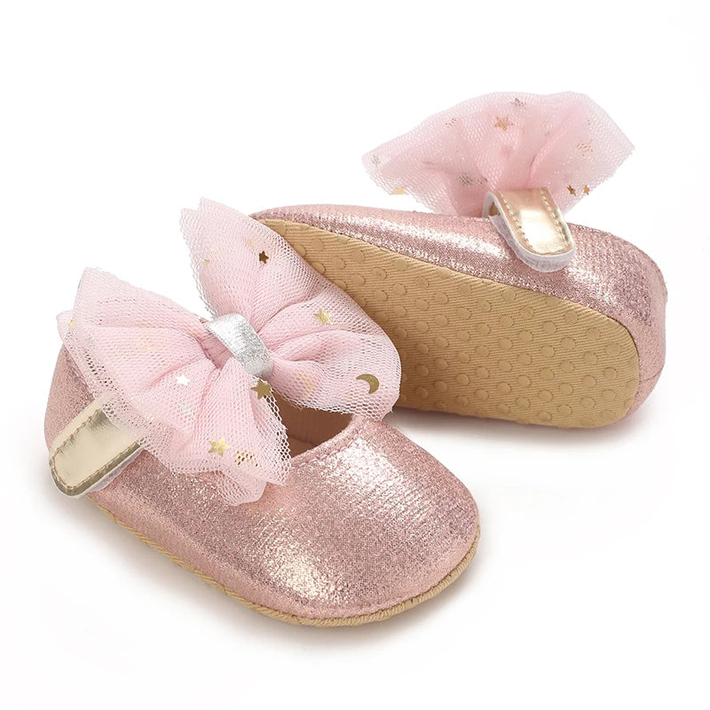 Spring And Autumn Bow 0-18 Months Newborns Wearing Outward Walking Shoes With Durable Soft Sole And Non Slip Princess Shoes