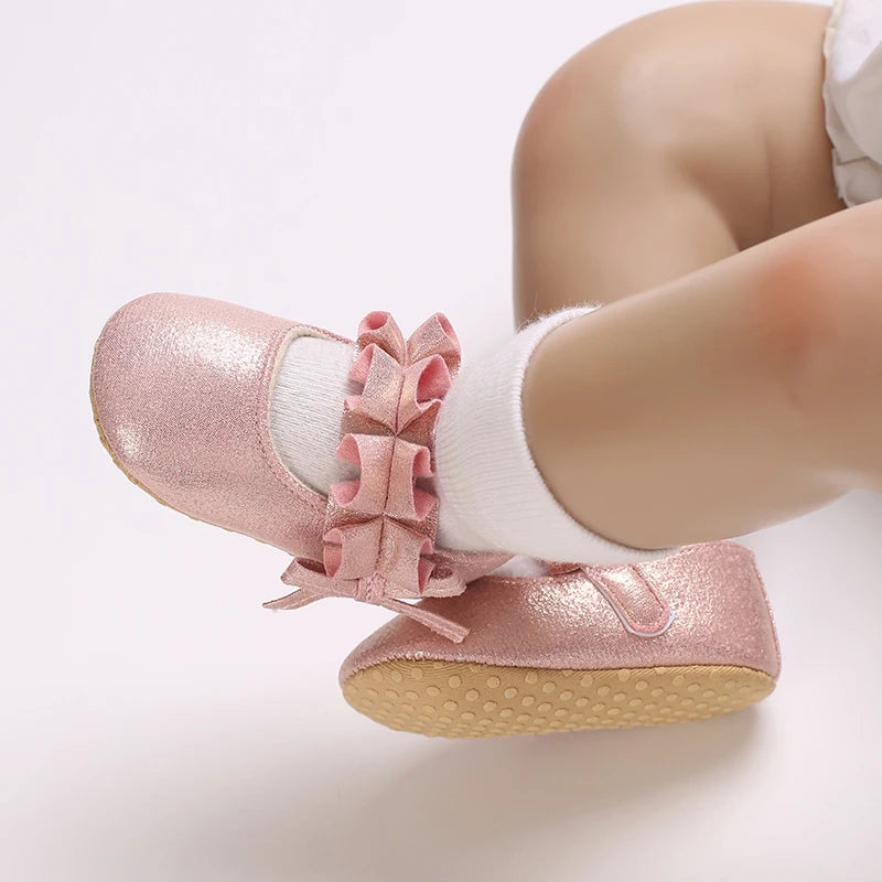 Spring And Autumn Bow 0-18 Months Newborns Wearing Outward Walking Shoes With Durable Soft Sole And Non Slip Princess Shoes