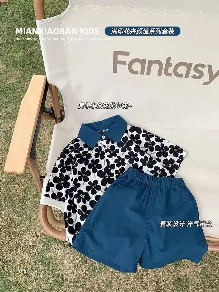 Children Clothing 2025 New Fashionable Flower Suit Baby Short Sleeve Shirt Shorts Handsome Retro Casual Shorts Two Piece Set