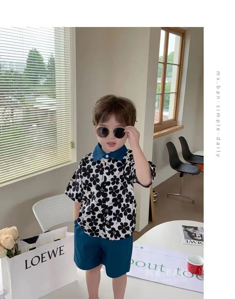 Children Clothing 2025 New Fashionable Flower Suit Baby Short Sleeve Shirt Shorts Handsome Retro Casual Shorts Two Piece Set