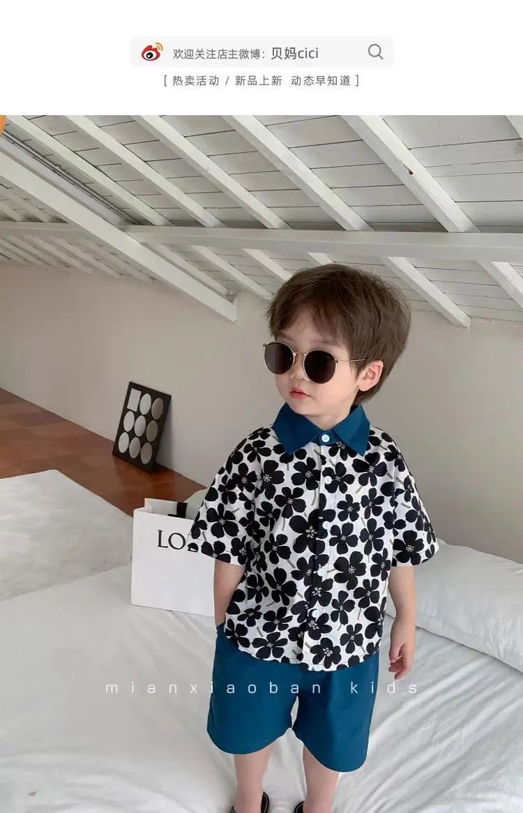 Children Clothing 2025 New Fashionable Flower Suit Baby Short Sleeve Shirt Shorts Handsome Retro Casual Shorts Two Piece Set
