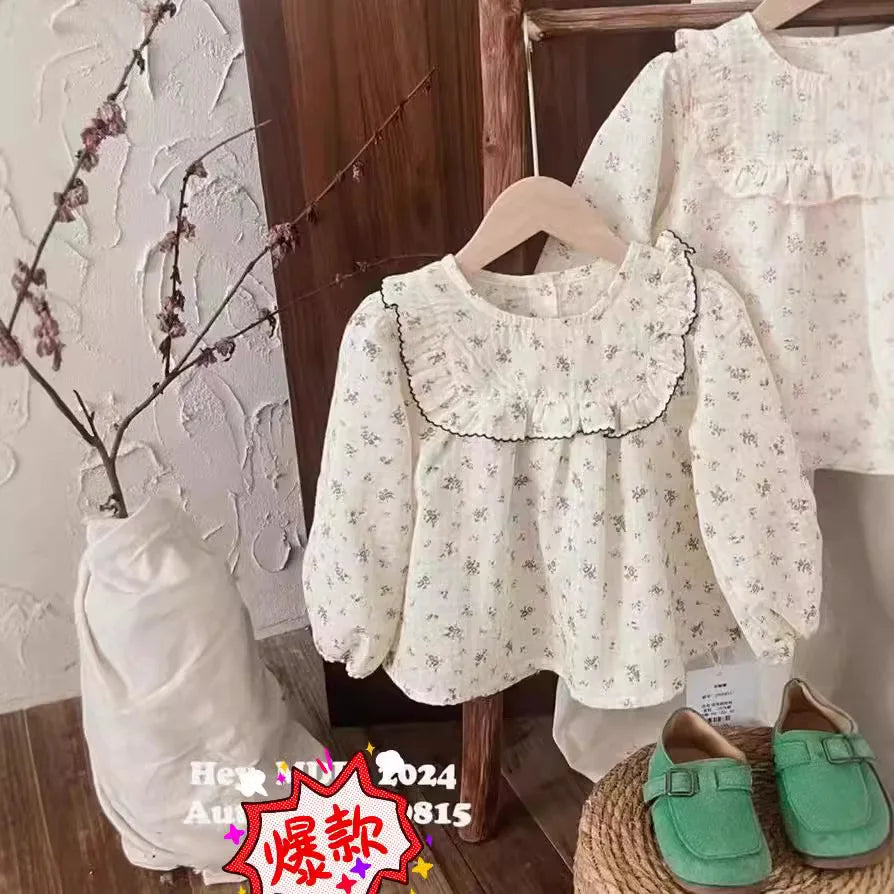 Children Clothing Girls Korean Style  Floral Fresh Shirt Baby Foreign Lace Shirt Spring New Long-sleeved Shirt