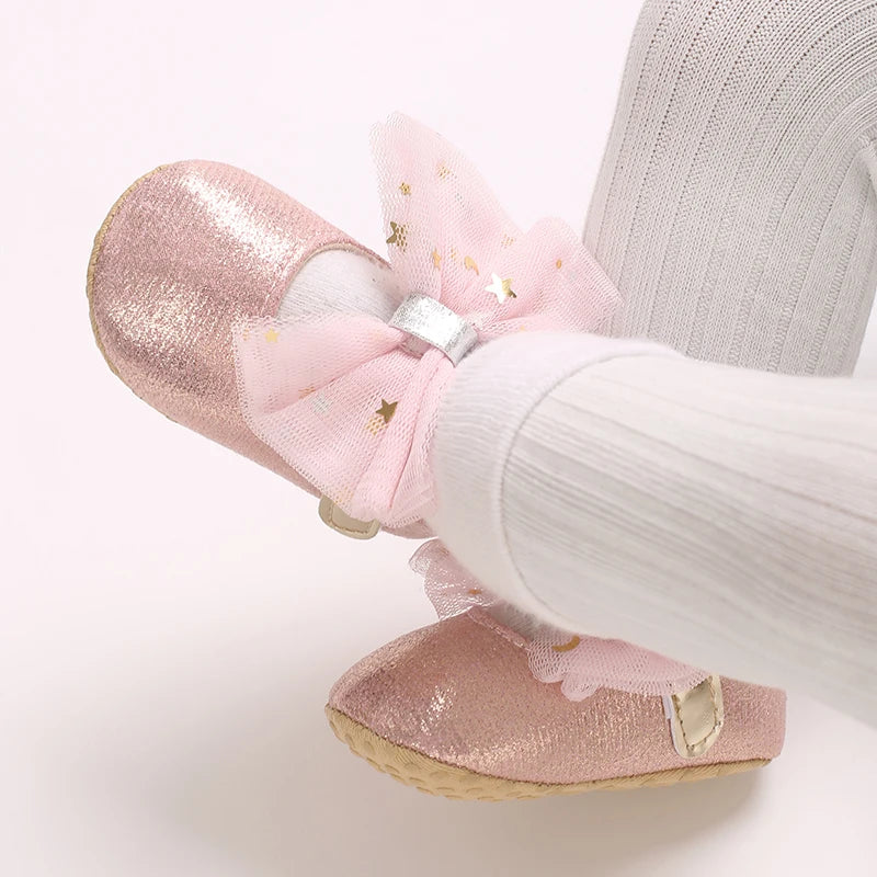 Spring And Autumn Bow 0-18 Months Newborns Wearing Outward Walking Shoes With Durable Soft Sole And Non Slip Princess Shoes