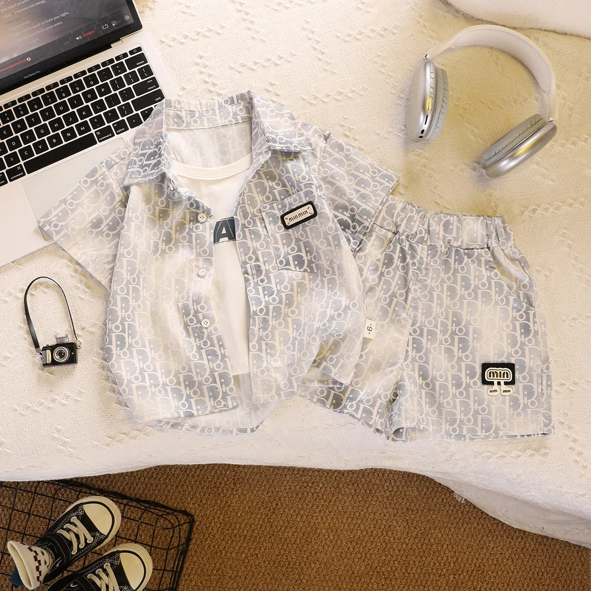Kid Fashion Boy Outfit Two Piece Set Light Blue Short Sleeve Top Shirt Plain Shorts Children Clothing