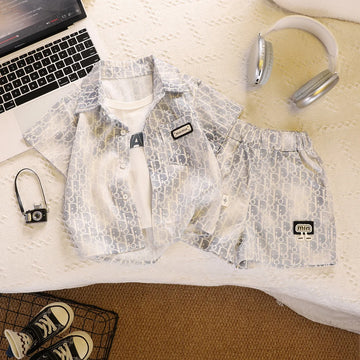Kid Fashion Boy Outfit Two Piece Set Light Blue Short Sleeve Top Shirt Plain Shorts Children Clothing
