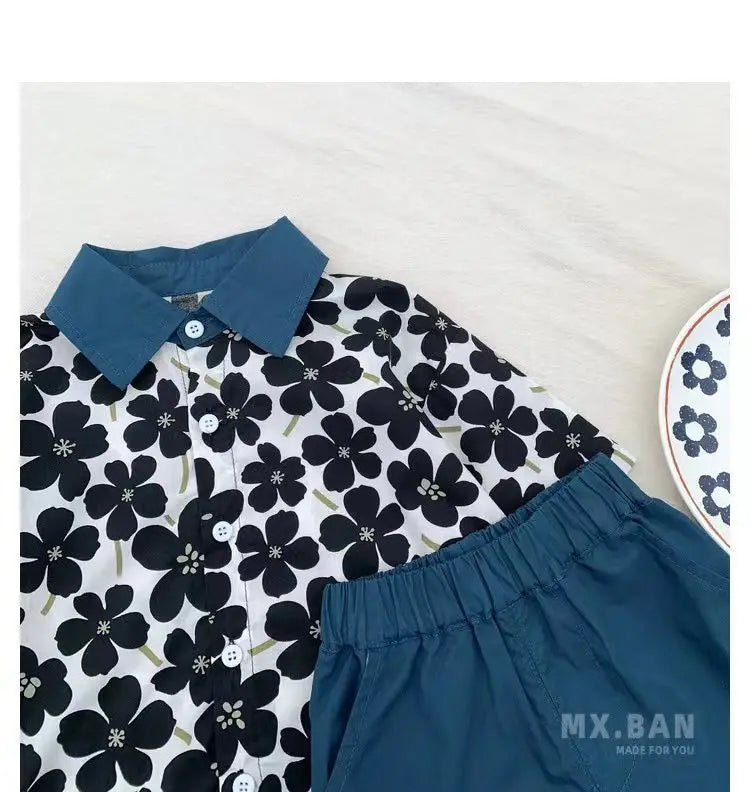 Children Clothing 2025 New Fashionable Flower Suit Baby Short Sleeve Shirt Shorts Handsome Retro Casual Shorts Two Piece Set