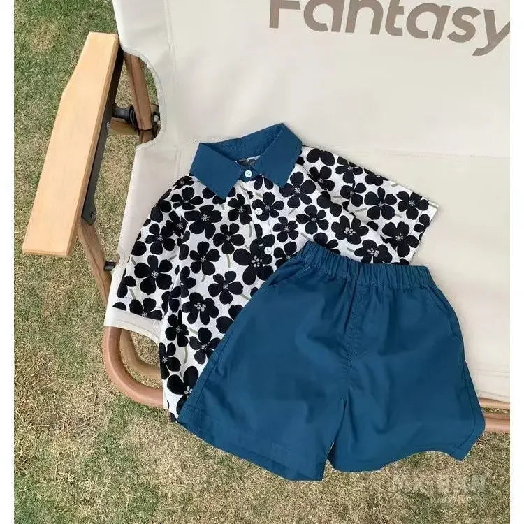 Children Clothing 2025 New Fashionable Flower Suit Baby Short Sleeve Shirt Shorts Handsome Retro Casual Shorts Two Piece Set