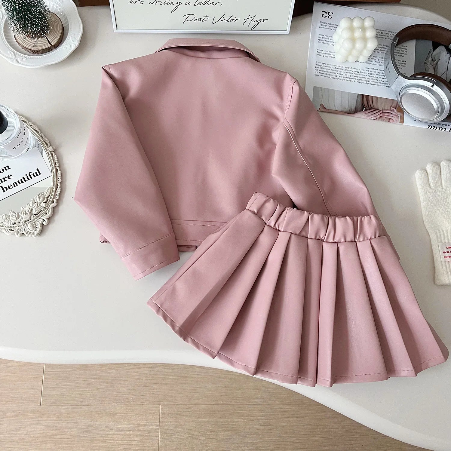 Childrens Clothing Set 2024 Autumn New Girls Leather Jacket Short Skirt Fashion Temperament Two-piece Set