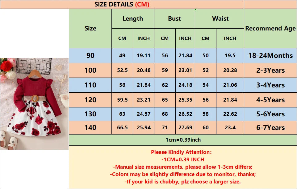 1-7 Years Fashion Dress for Children Girls Long Sleeved Flower Skirt with Belt Birthday Party Wear Outfits New Year's Clothing