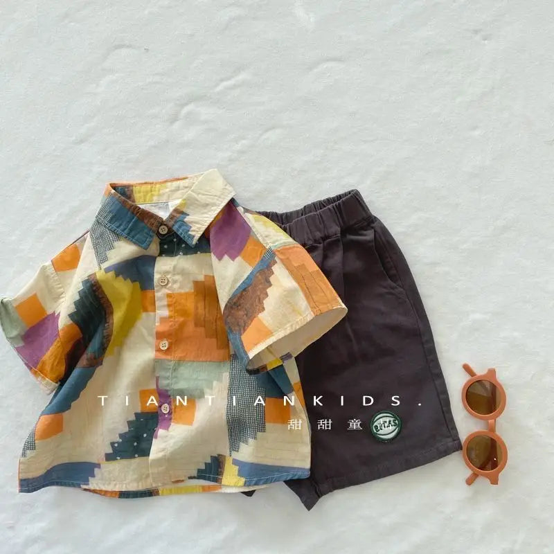 Children Clothing 2025 New Fashionable Flower Suit Baby Short Sleeve Shirt Shorts Handsome Retro Casual Shorts Two Piece Set