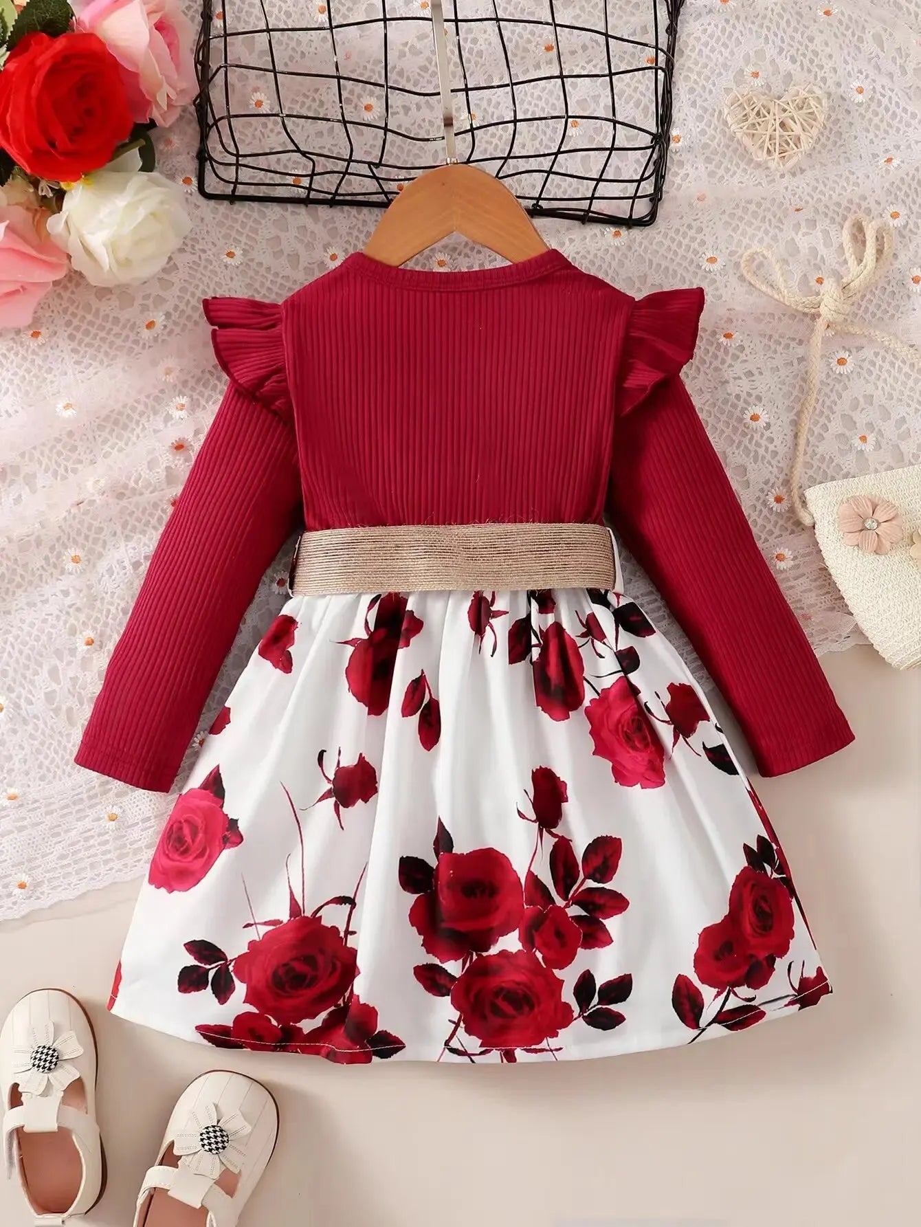 1-7 Years Fashion Dress for Children Girls Long Sleeved Flower Skirt with Belt Birthday Party Wear Outfits New Year's Clothing