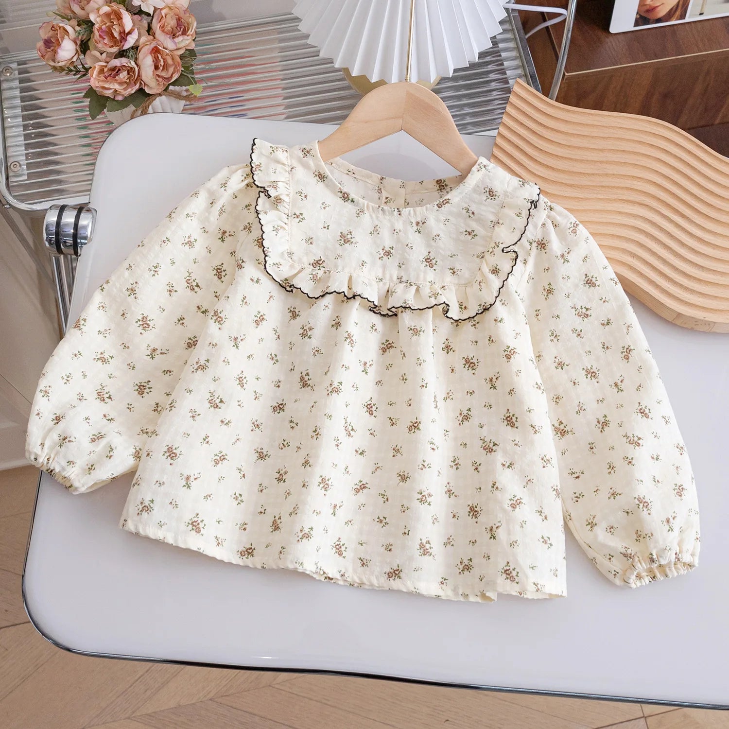 Children Clothing Girls Korean Style  Floral Fresh Shirt Baby Foreign Lace Shirt Spring New Long-sleeved Shirt