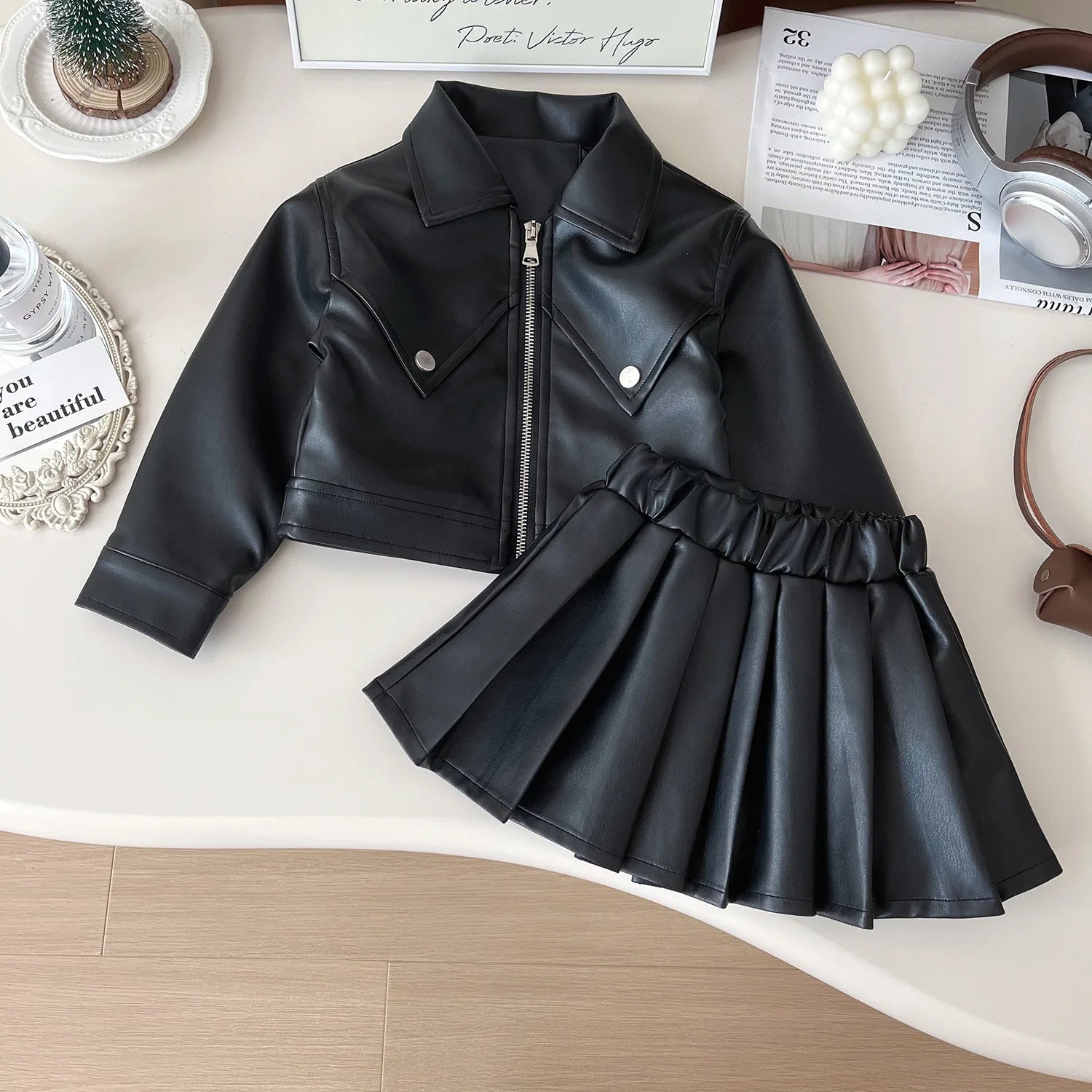 Childrens Clothing Set 2024 Autumn New Girls Leather Jacket Short Skirt Fashion Temperament Two-piece Set