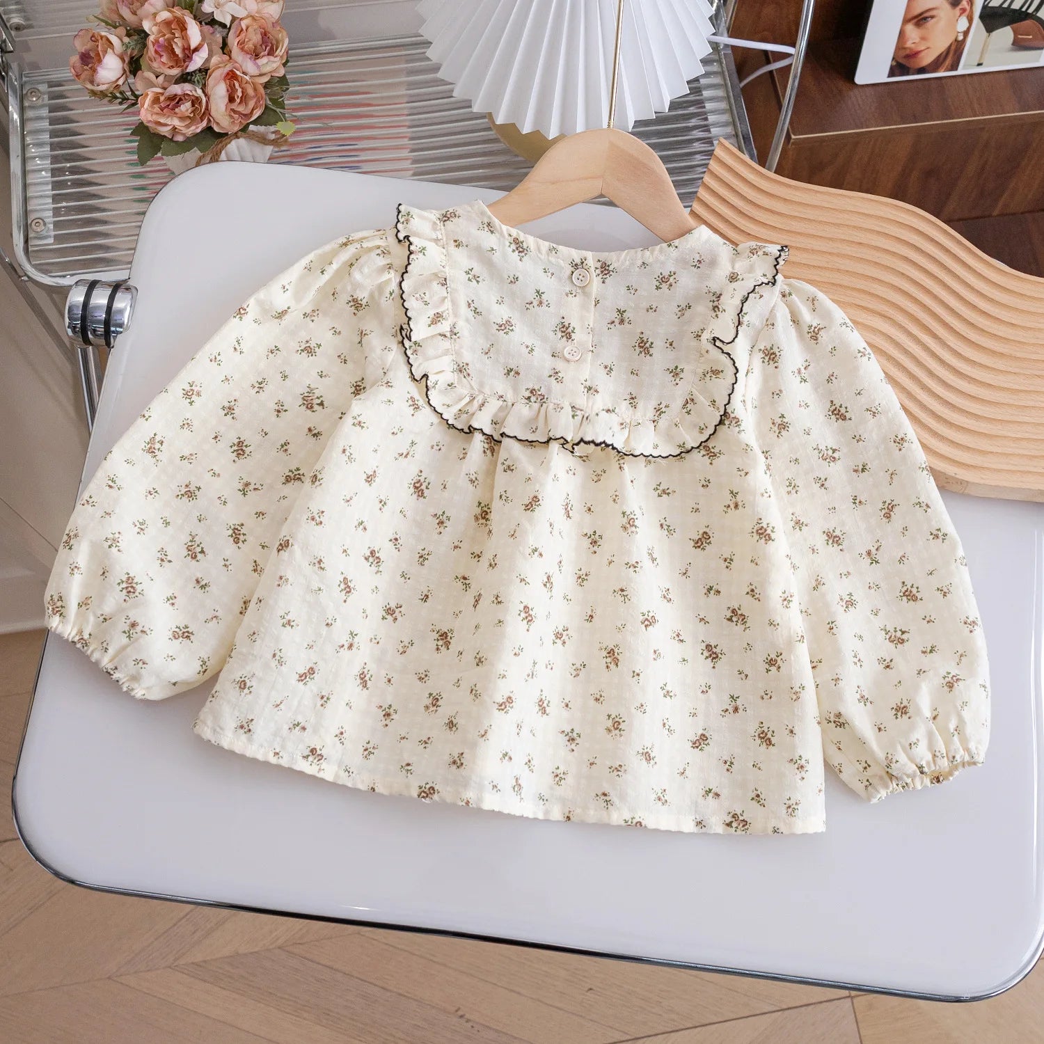 Children Clothing Girls Korean Style  Floral Fresh Shirt Baby Foreign Lace Shirt Spring New Long-sleeved Shirt
