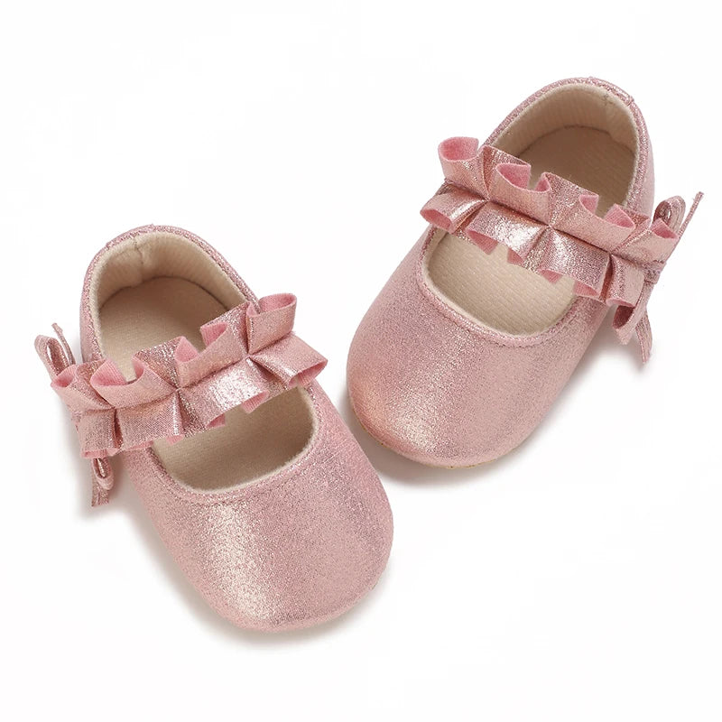 Spring And Autumn Bow 0-18 Months Newborns Wearing Outward Walking Shoes With Durable Soft Sole And Non Slip Princess Shoes