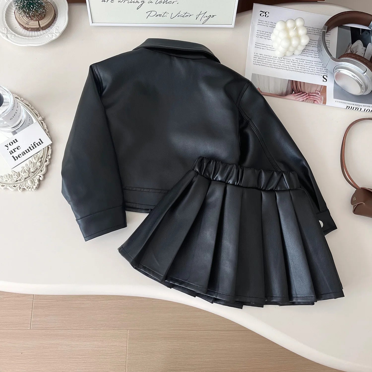 Childrens Clothing Set 2024 Autumn New Girls Leather Jacket Short Skirt Fashion Temperament Two-piece Set