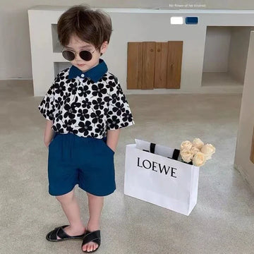 Children Clothing 2025 New Fashionable Flower Suit Baby Short Sleeve Shirt Shorts Handsome Retro Casual Shorts Two Piece Set