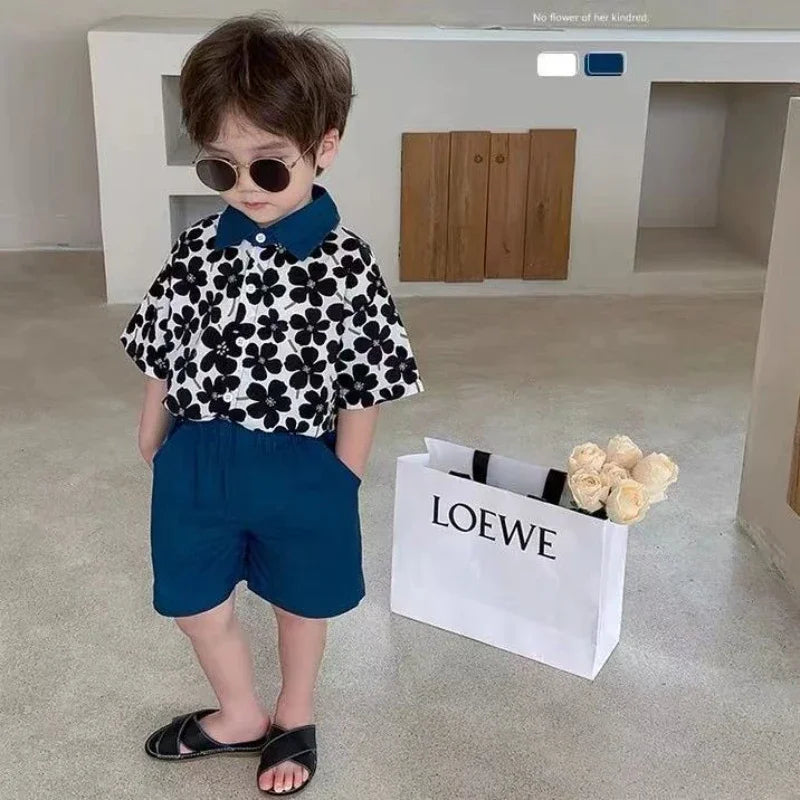 Children Clothing 2025 New Fashionable Flower Suit Baby Short Sleeve Shirt Shorts Handsome Retro Casual Shorts Two Piece Set