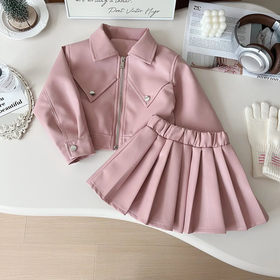 Childrens Clothing Set 2024 Autumn New Girls Leather Jacket Short Skirt Fashion Temperament Two-piece Set