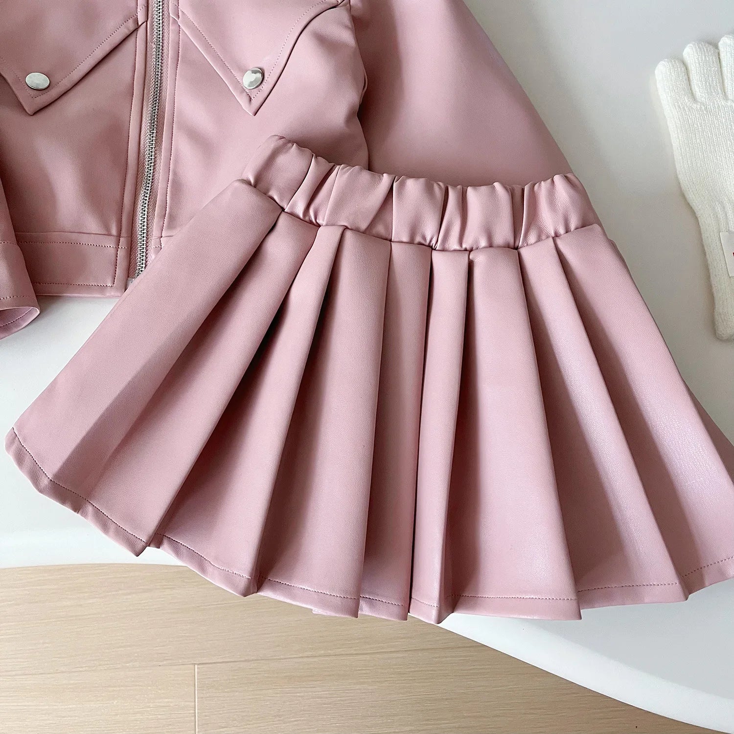 Childrens Clothing Set 2024 Autumn New Girls Leather Jacket Short Skirt Fashion Temperament Two-piece Set