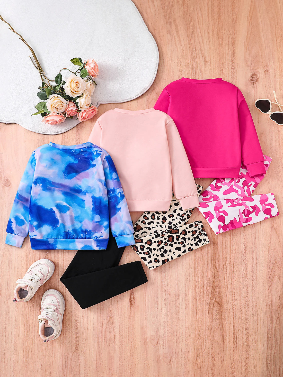 Children's Autumn Fashion Girls 3 sets of cartoon printed round neck long sleeves+slim fit elastic pants - blue red pink