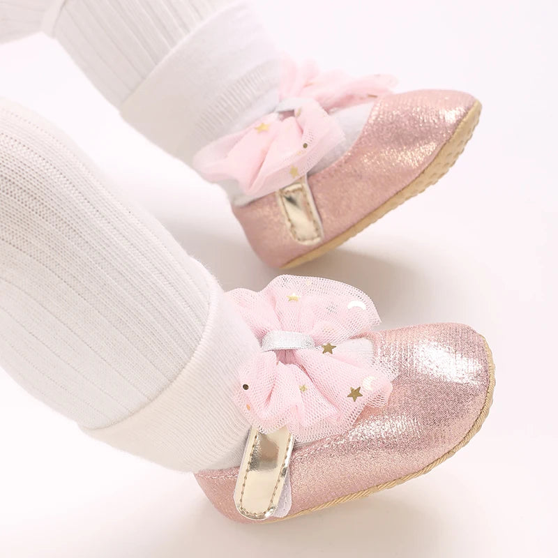 Spring And Autumn Bow 0-18 Months Newborns Wearing Outward Walking Shoes With Durable Soft Sole And Non Slip Princess Shoes