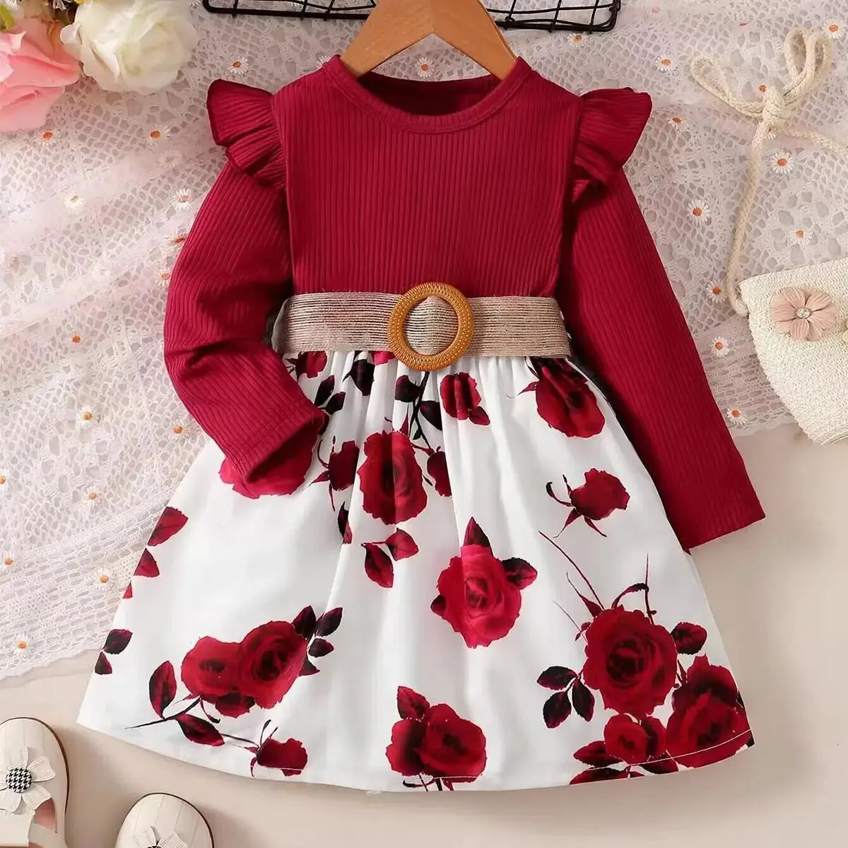 1-7 Years Fashion Dress for Children Girls Long Sleeved Flower Skirt with Belt Birthday Party Wear Outfits New Year's Clothing