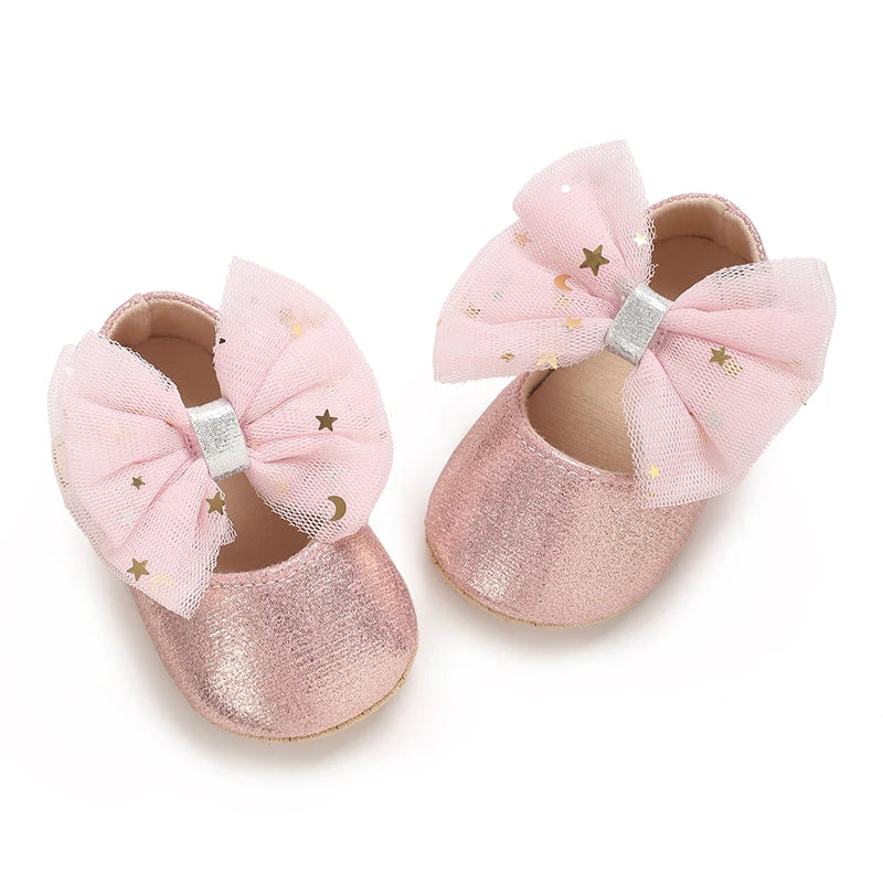 Spring And Autumn Bow 0-18 Months Newborns Wearing Outward Walking Shoes With Durable Soft Sole And Non Slip Princess Shoes